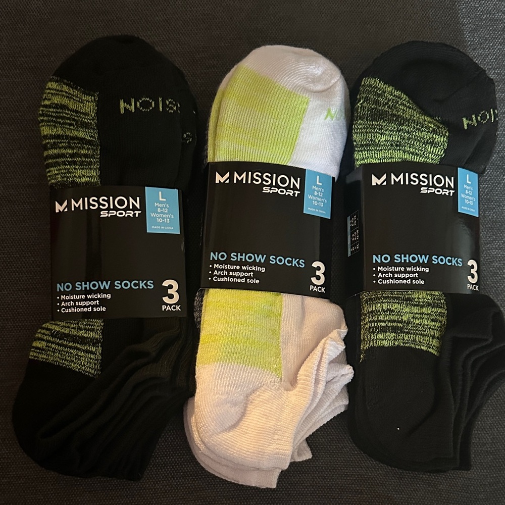 Mission Sport Men's No Show Athletic Socks 3-Pack - Black, White, Green